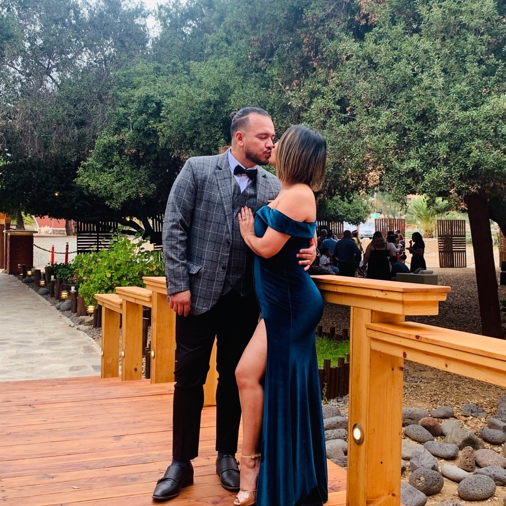 Sequin heart s off the shoulder velvet gown